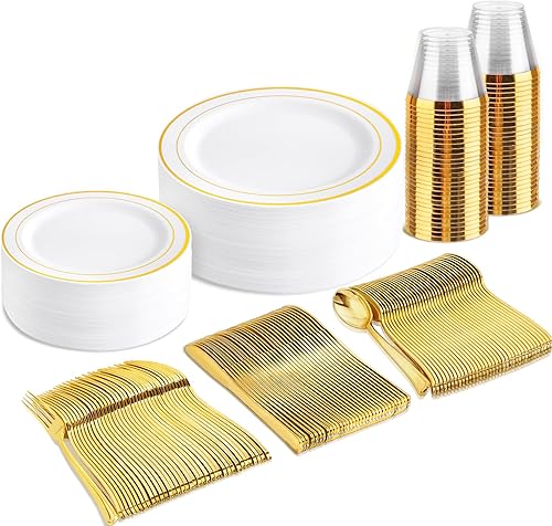 bUCLA Juego de vajilla de plástico dorado desechable de 150 piezas, platos dorados resistentes que incluyen 25 platos de cena y 25 platos de postre,