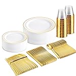 bUCLA 150PCS Gold Plastic Dinnerware Set Disposable - Heavy Duty Gold Plates Include 25 Dinner & 25 Dessert Plates,25 Forks,25 Knives,25 Spoons&25 Cups for Party&Wedding