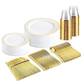 bUCLA 150PCS Gold Plastic Dinnerware Set Disposable - Heavy Duty Gold Plates Include 25 Dinner & 25 Dessert Plates,25 Forks,25 Knives,25 Spoons&25 Cups for Party&Wedding