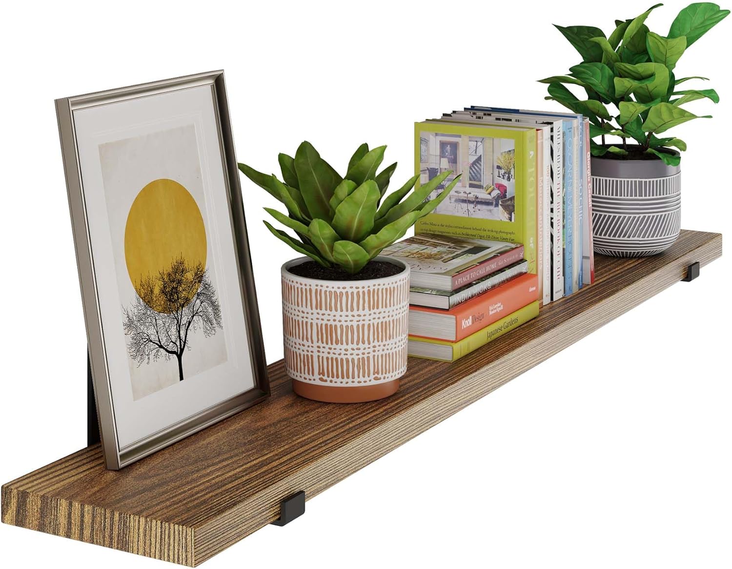 Wallniture Forte 60 inch Long x 9.25 inch Deep x 1.5 inch Deep Wooden Floating Shelves, Rustic Wood Wall Bookshelf, Long Shelf for Home Organization and Storage, Burnt