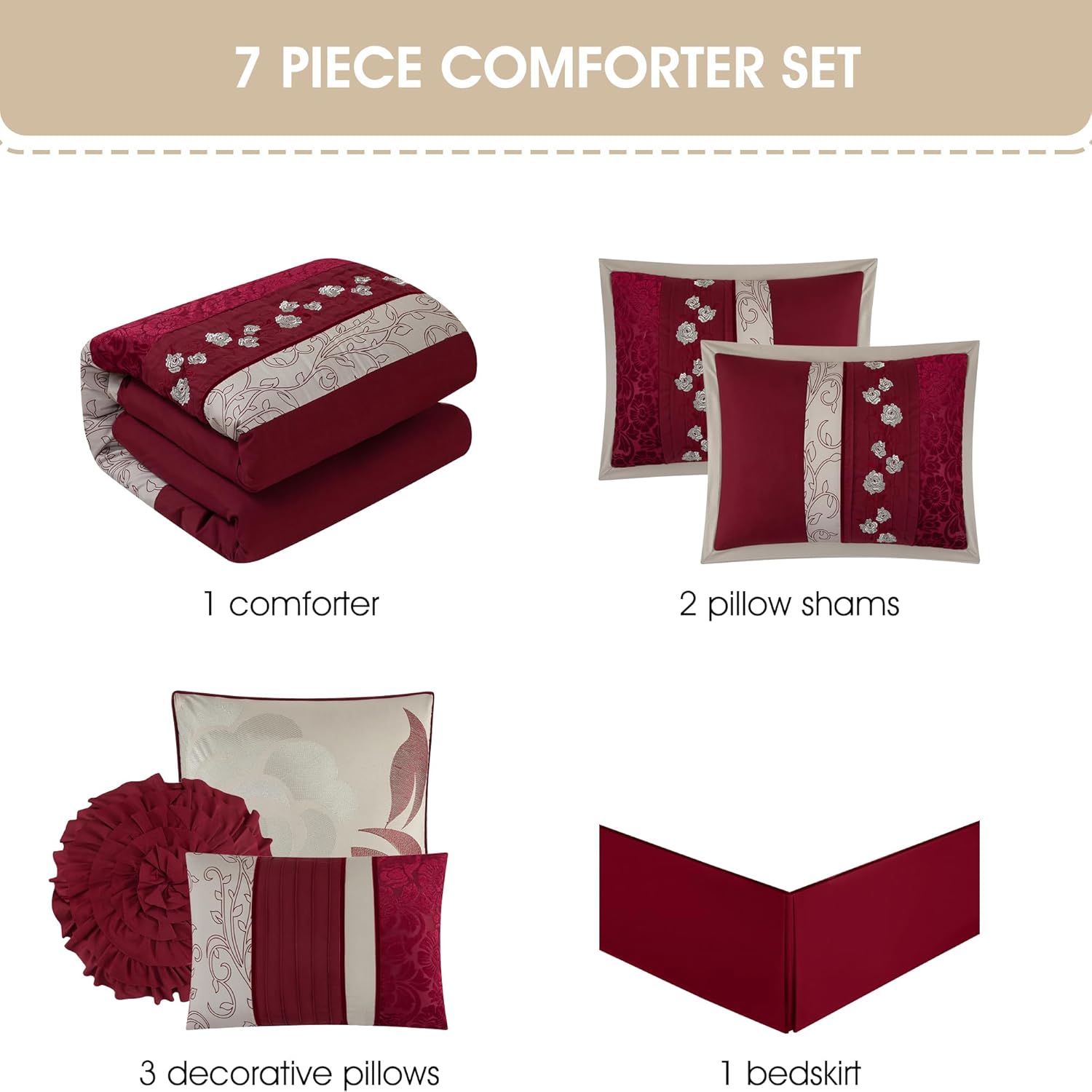 Grand Avenue Wine California King Comforter Set, Piecework with Flocking Embroidery Bedding, Floral 7 Pieces Comforters, Bedskirt, Pillows & Shams