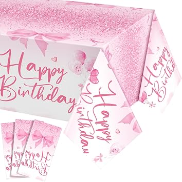 Breling 3 Pcs Pink Bow Happy Birthday Tablecloth 54 x 108 Inch Plastic Disposable Table Covers Coquette Bow Party Decoration for Women Bridal Shower Bachelorette Birthday Party Supplies