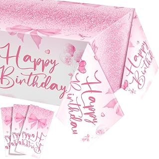 Breling 3 Pcs Pink Bow Happy Birthday Tablecloth 54 x 108 Inch Plastic Disposable Table Covers Coquette Bow Party Decoration for Women Bridal Shower Bachelorette Birthday Party Supplies