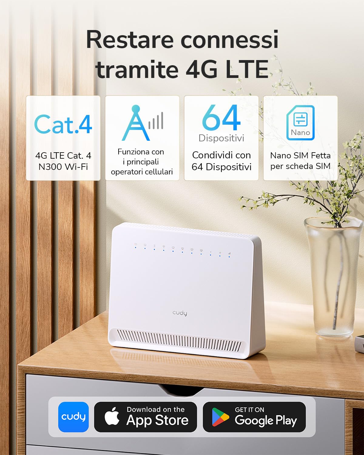 Cudy N300 WiFi Modem Router 4G LTE Sbloccato Con Slot Per Ccheda SIM, WiFi 300 Mbps, Cat4, Antenne Interne Ad Alto Guadagno, VPN, Plug and Play, LT400E