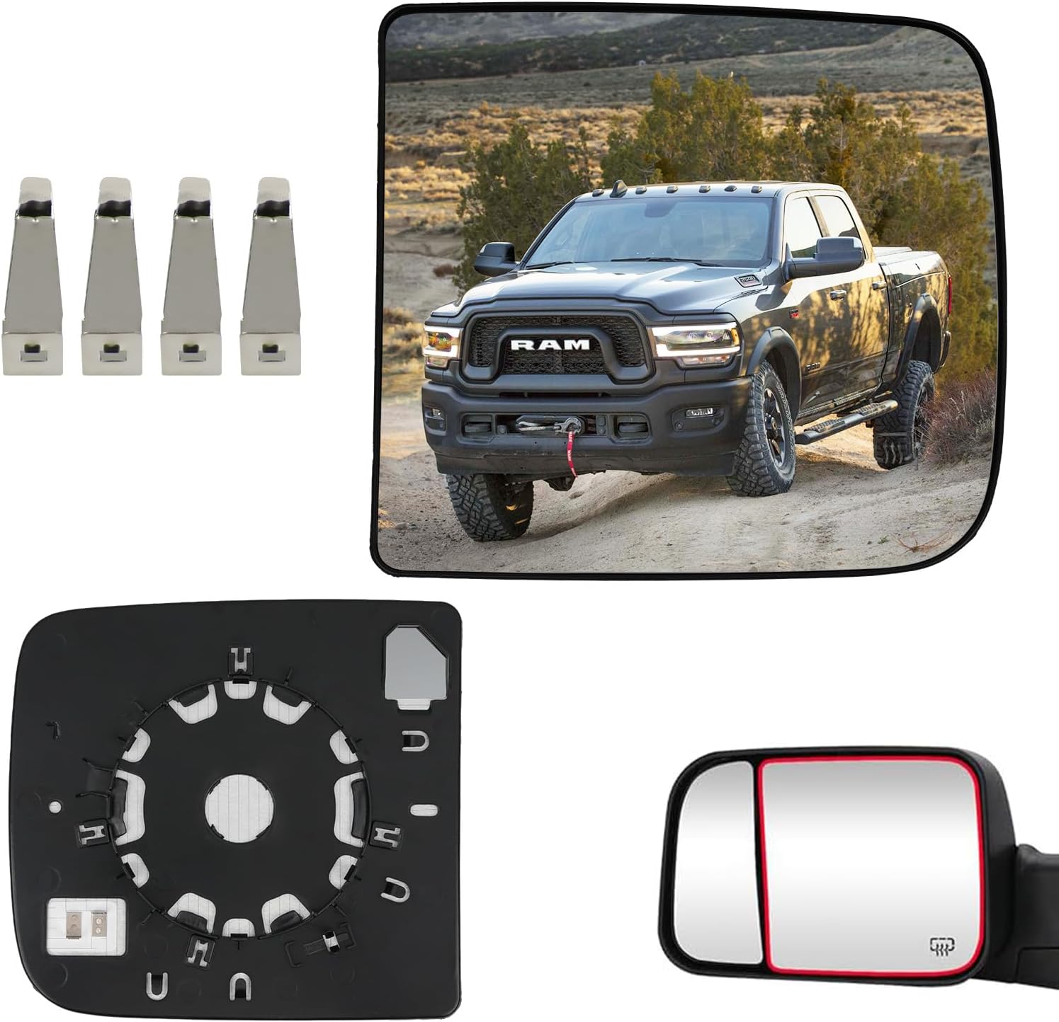 Left Driver Side Lower & Upper Mirror Glass Replacement for 2010-2020 Dodge Ram 1500 2500 3500 4500 5500, Towing Mirrors Convex Rearview Glass with Backing Plate