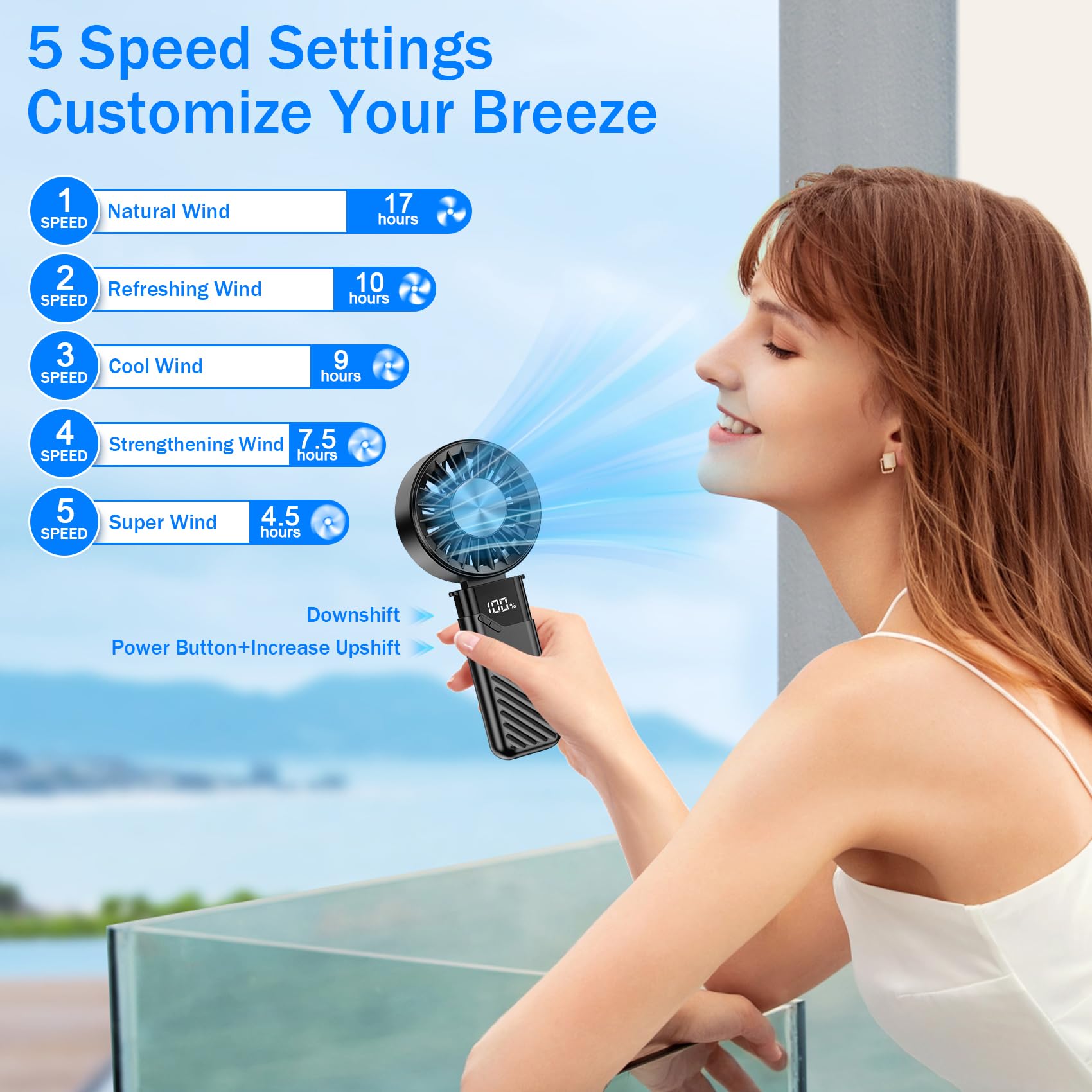 Feebee Ventilateur Portable, Mini Ventilateur à Main USB Petit Ven-tilateur de Rechargeable de Poche 5 Vitesse 4000mAh Extérieur Batterie Hand Fan pour Bureau,Voyages,Maquillage,Camping(Noir)