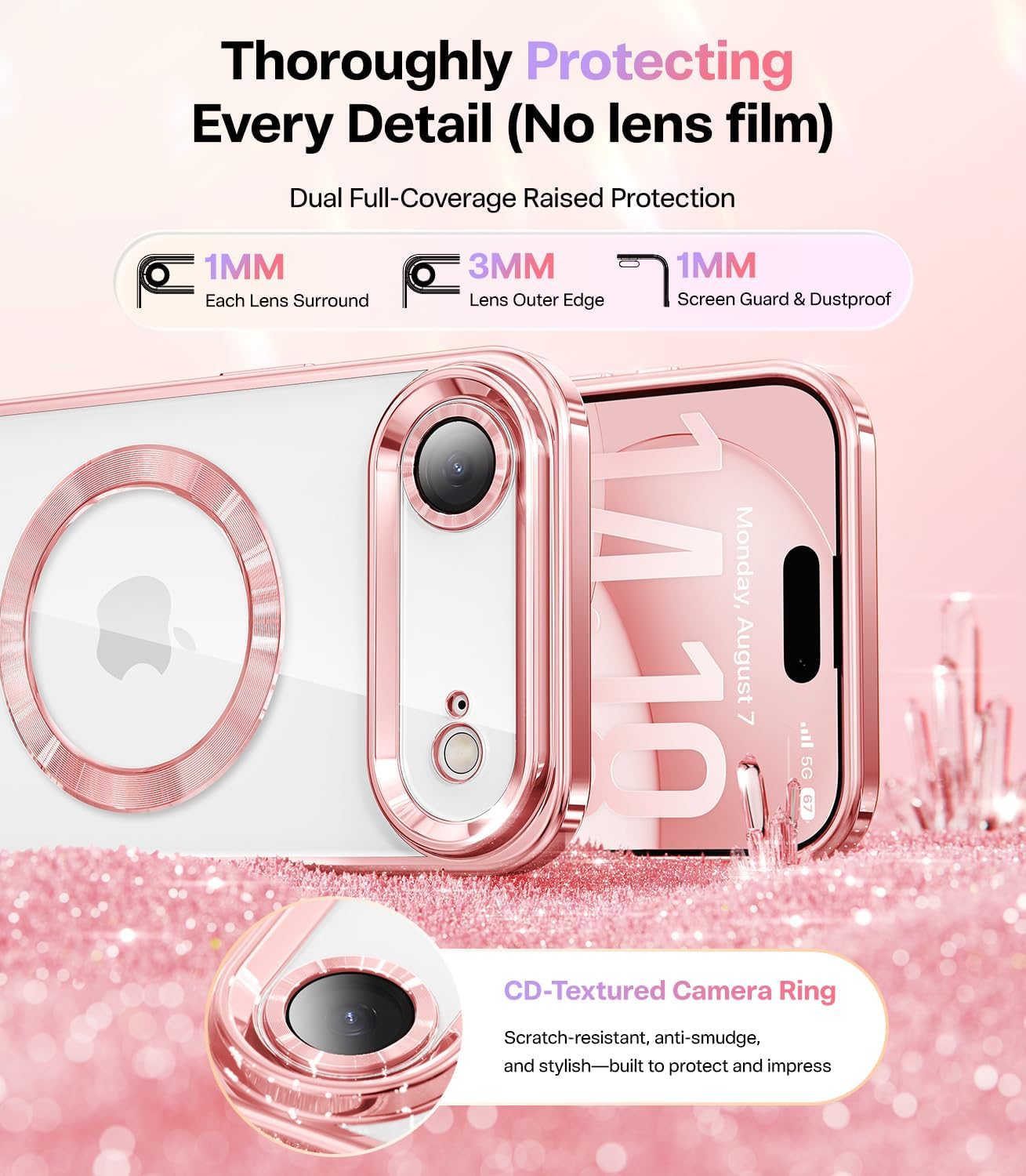 Meifigno Designed for iPhone Air Case 6.5", [Glitter Card & Wrist Strap] [Compatible with MagSafe] [2X HD Screen Protectors] Raised Lens Protection Slim Case Designed for iPhone 17 Air 2025, Rose Gold - Image 5