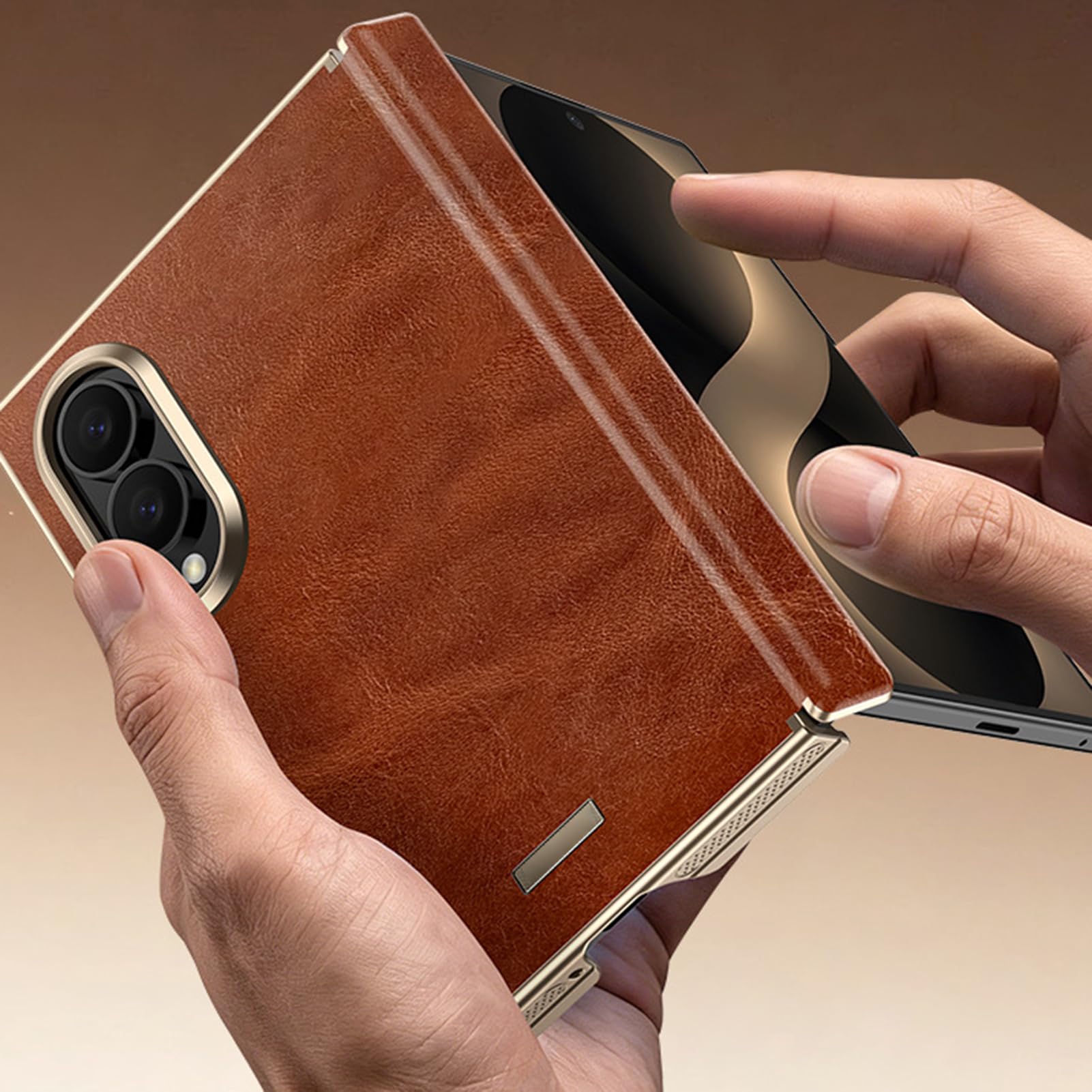 Funda De Negocios For Samsung Galaxy Z Fold 8, Cubierta De Lente De Envoltura Completa, Patrón De Cera De Aceite, Carcasa Vintage Antihuellas, Bisagra De Cuero, Protección contra Caídas(Black)
