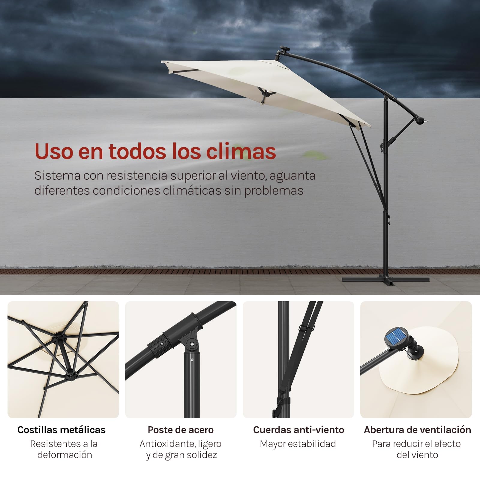 WOLTU Sombrilla de Patio φ 3 m con Luz LED, Parasol Grande Giratorio 360°, Ajustable en Ángulo, Protección UPF 50+ con Bolsa, Poliéster Resistente, para Jardín y Piscina