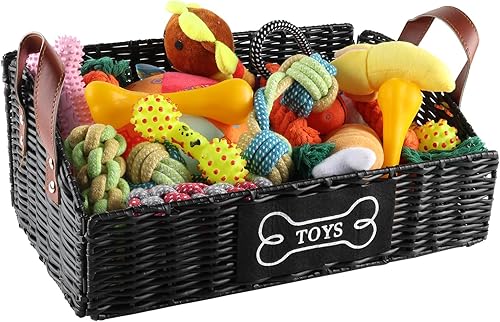 Pet Toy Storage Basket With Handle | Trapezoid Collapsible Poly Wicker Bin | Dog Toy Organizer For Leashes & Blankets | Natural Farmhouse Style