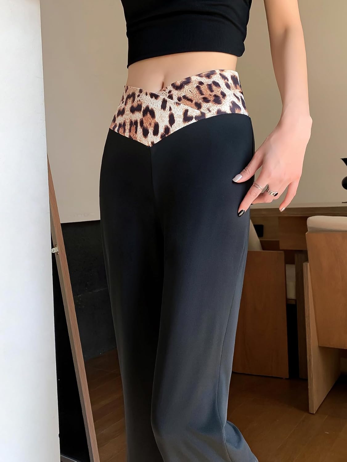 Women Leopard Flare Yoga Pants V Cross Flare Leggings High Waisted Tummy Control Workout Casual Bootcut Pants - Image 4