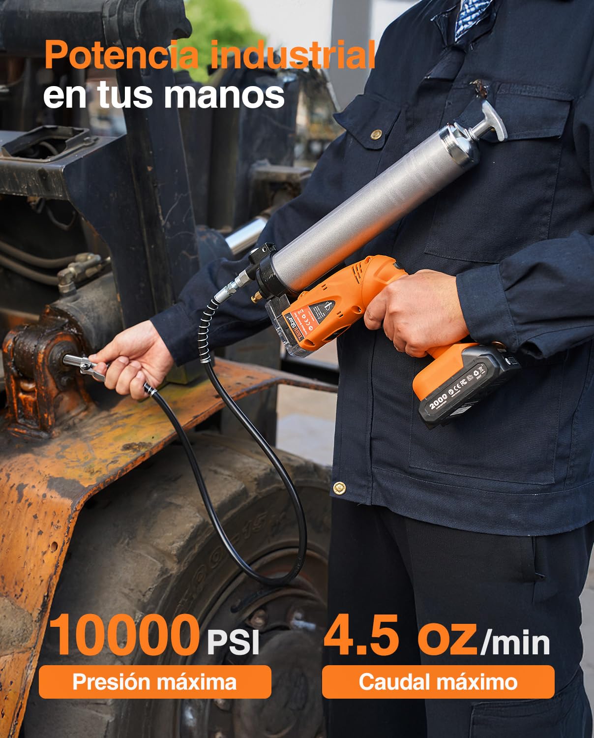 TaskStar 2-en-1 Engrasadora Bateria: 10000 PSI Pistola de Engrasar Eléctrica con 2 Baterías, Manguera de 39.4", 3 Engrasadores, Ideal para Maquinaria Pesada, como Tractores