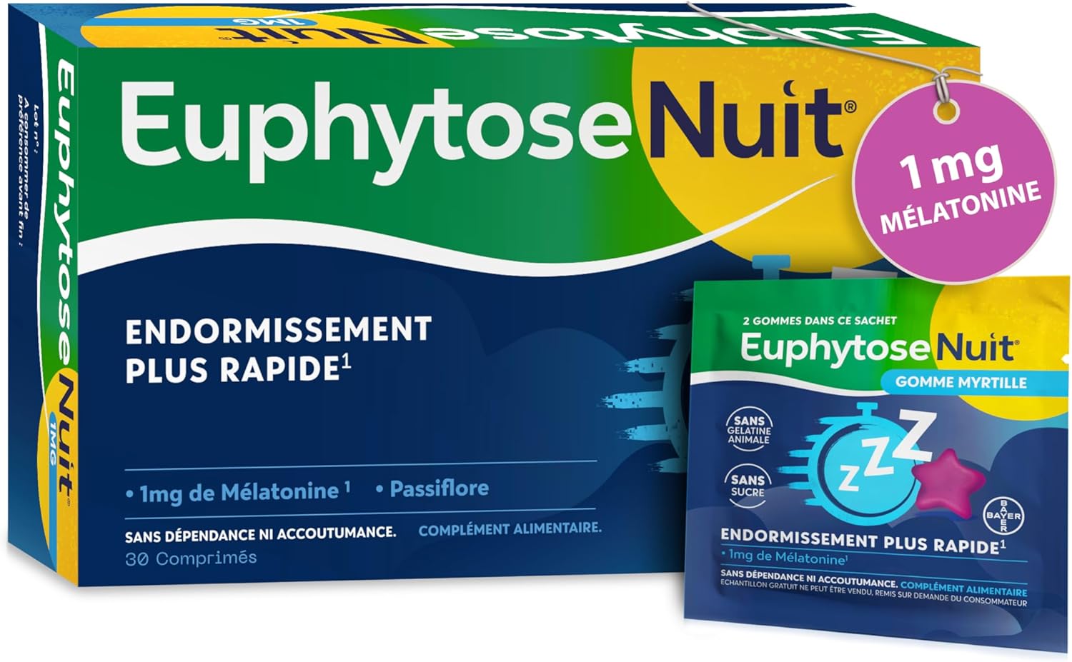 Euphytose Nuit® Adult Food Supplement Melatonin 1mg Faster Sleep Passionflower Quality Sleep 30 Tablets + 2 Erasers Blueberry EuphytoseNuit