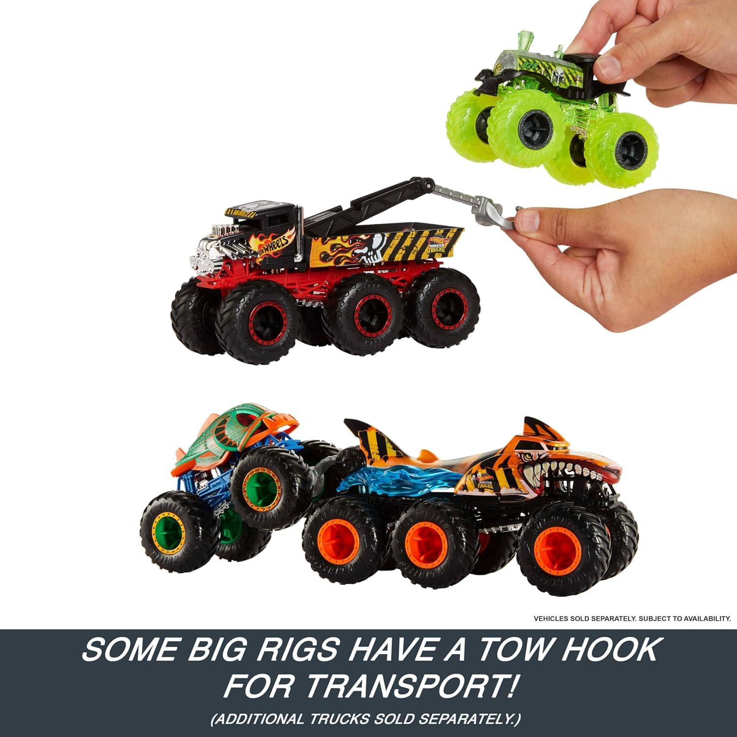 Hot Wheels Monster Trucks Big Rigs, ciężarówka z przyczepą w skali 1:64 z 6 kółkami (Skelesaurus)