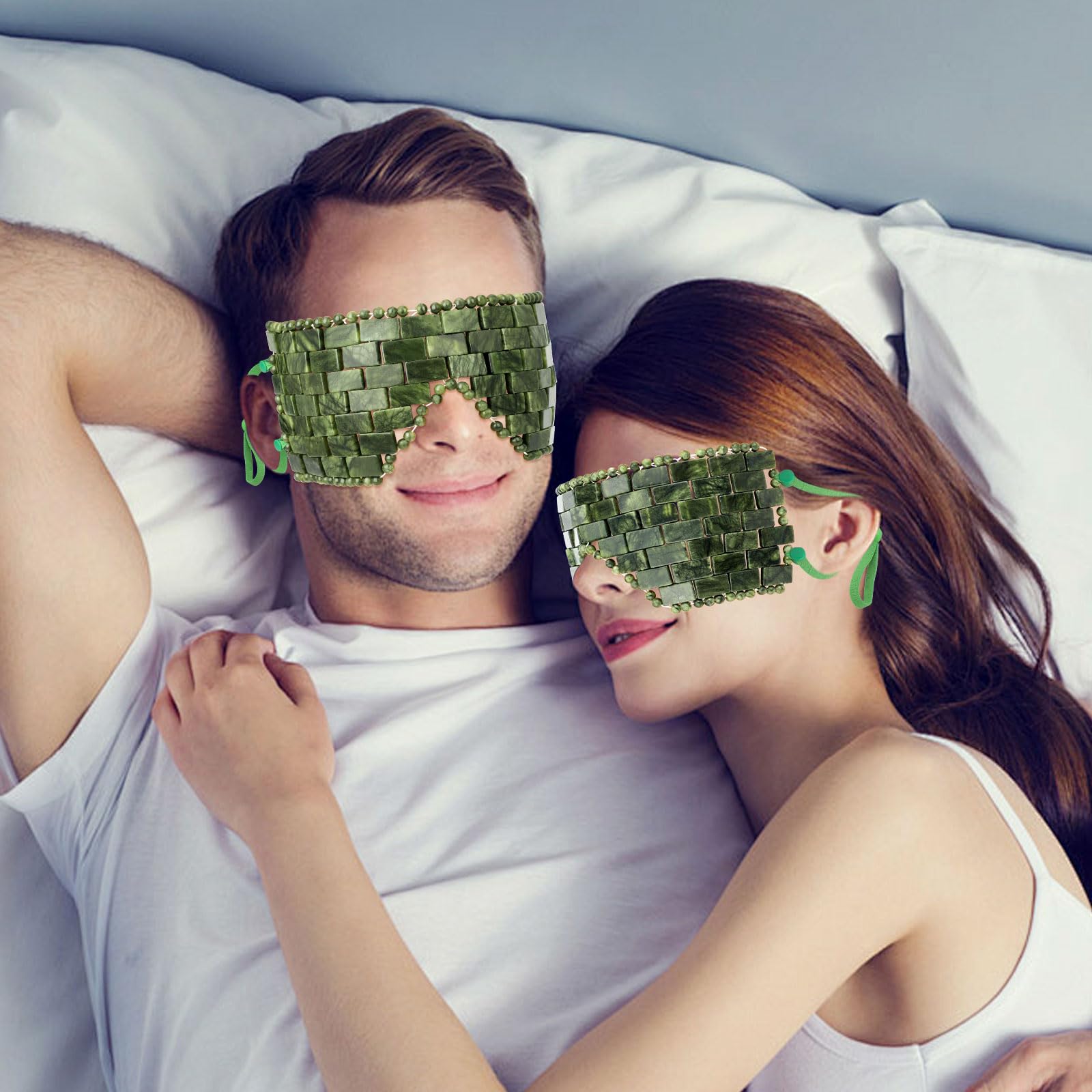 gemshan Maschera per occhi in giada con cinturino regolabile per le orecchie, 100% vera gemma naturale, maschera facciale riutilizzabile in giada per alleviare il gonfiore, impacco caldo freddo per