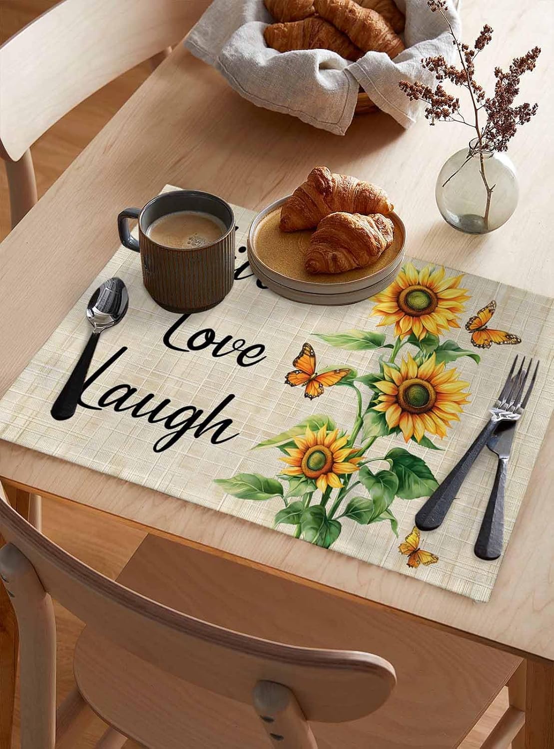 Farmhouse Sunflower Placemats Set of 8 Retro Yellow Floral Butterfly Linen 13x19 Inch Washable Non Slip Linen Table Mats, Rustic Summer Placemats for Dining Table Party Kitchen Decor
