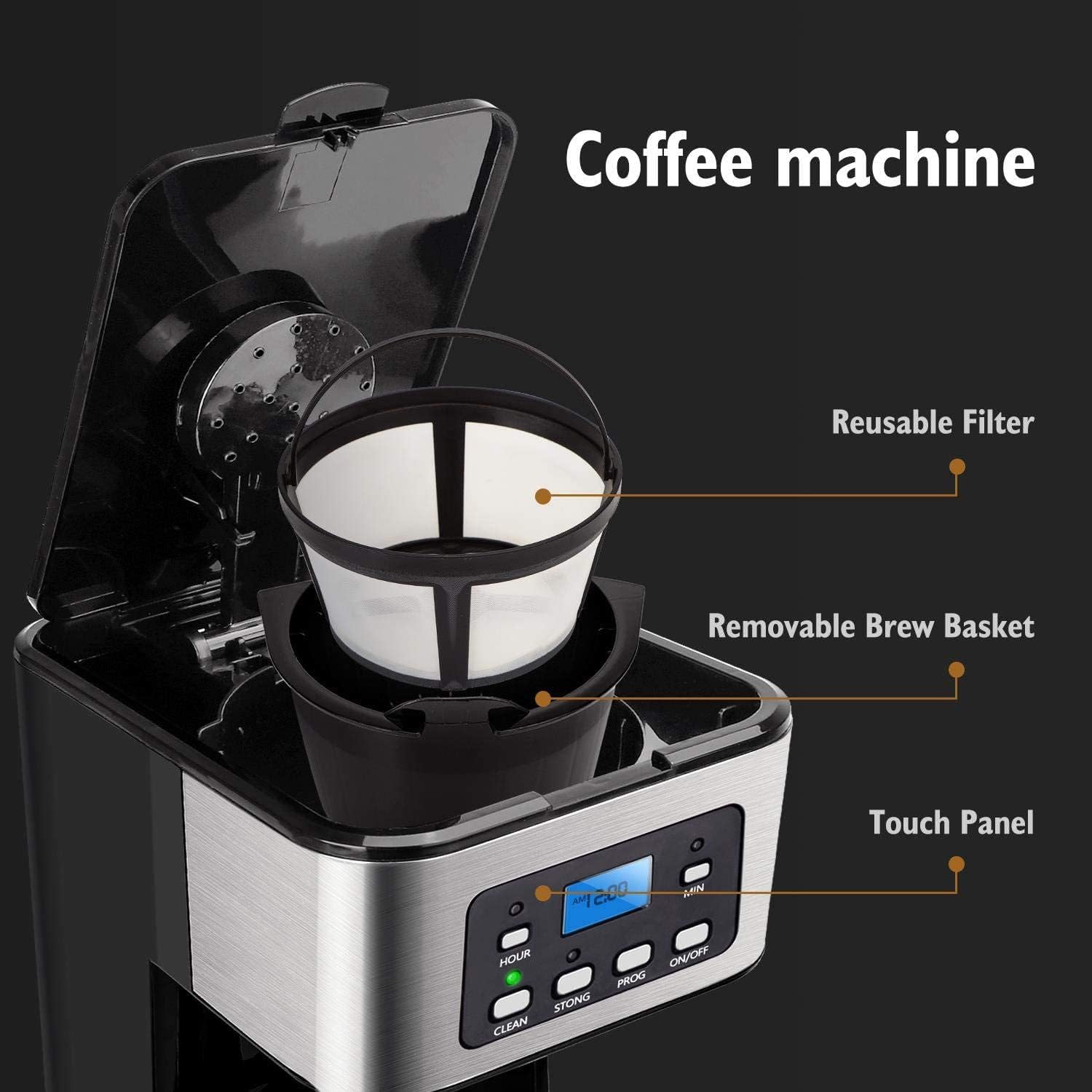 Automatic Espresso Machine, Intuitive Touch Display with Glass Carafe and Permanent Filter, Stainless Steel, Ideal for Home Barista Stainless Steel Professional Coffee Machine Espresso