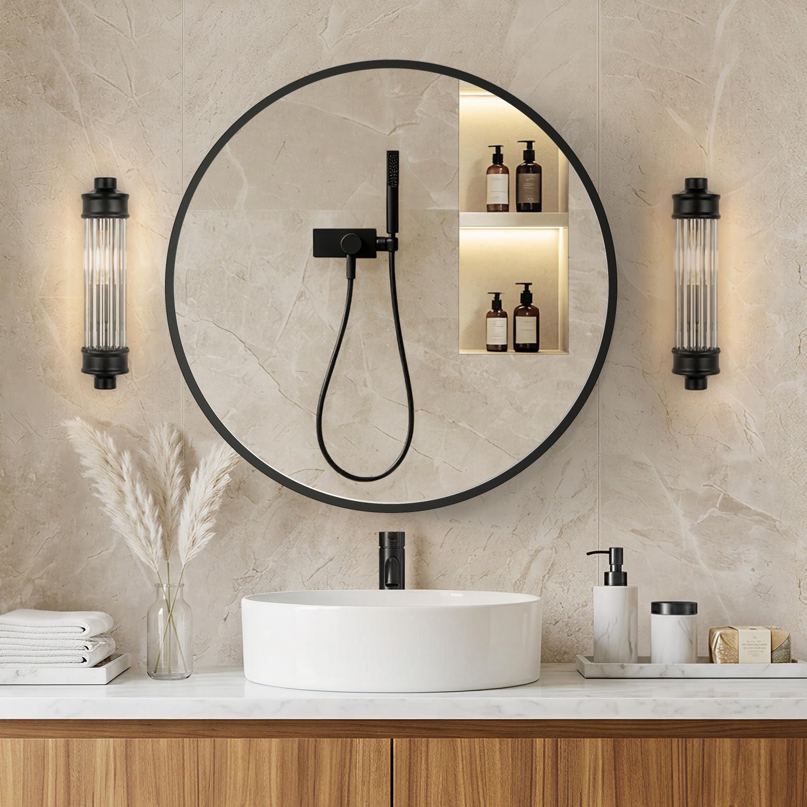 Zurehome Spiegel Rund Bruchsicherer Wandspiegel mit Schwarz Metallrahmen Runder Badspiegel für Badezimmer, Flur, Gäste WC Dekospiegel