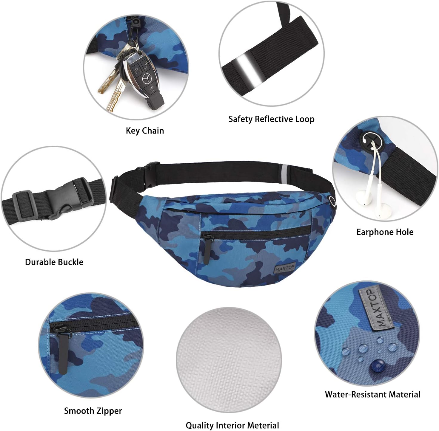MAXTOP Large Bumbag Waist Fanny Pack for Men Women Bum Bag with Headphone Jack and 4-Zipper Pockets Adjustable Belt for Biking Running Jogging Traveling Outdoors Workout Cycling Fitness Hiking - Image 5