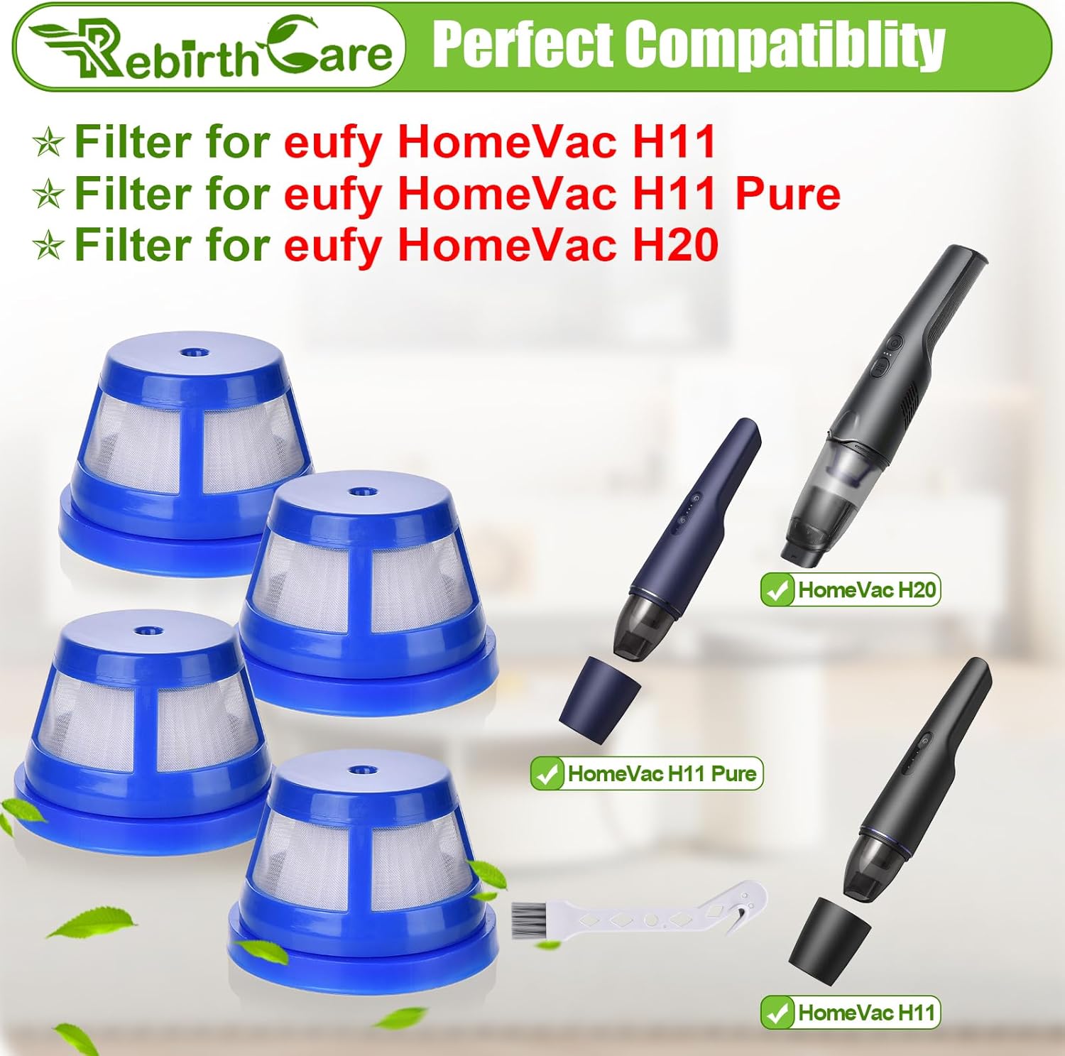 Rebirthcare 4 pack h11 replacement filter for eufy for homevac h11 / h11 pure / h20 cordless handheld vacuum cleaner, hepa replacement filter for anker for homevac h11 handheld vacuum