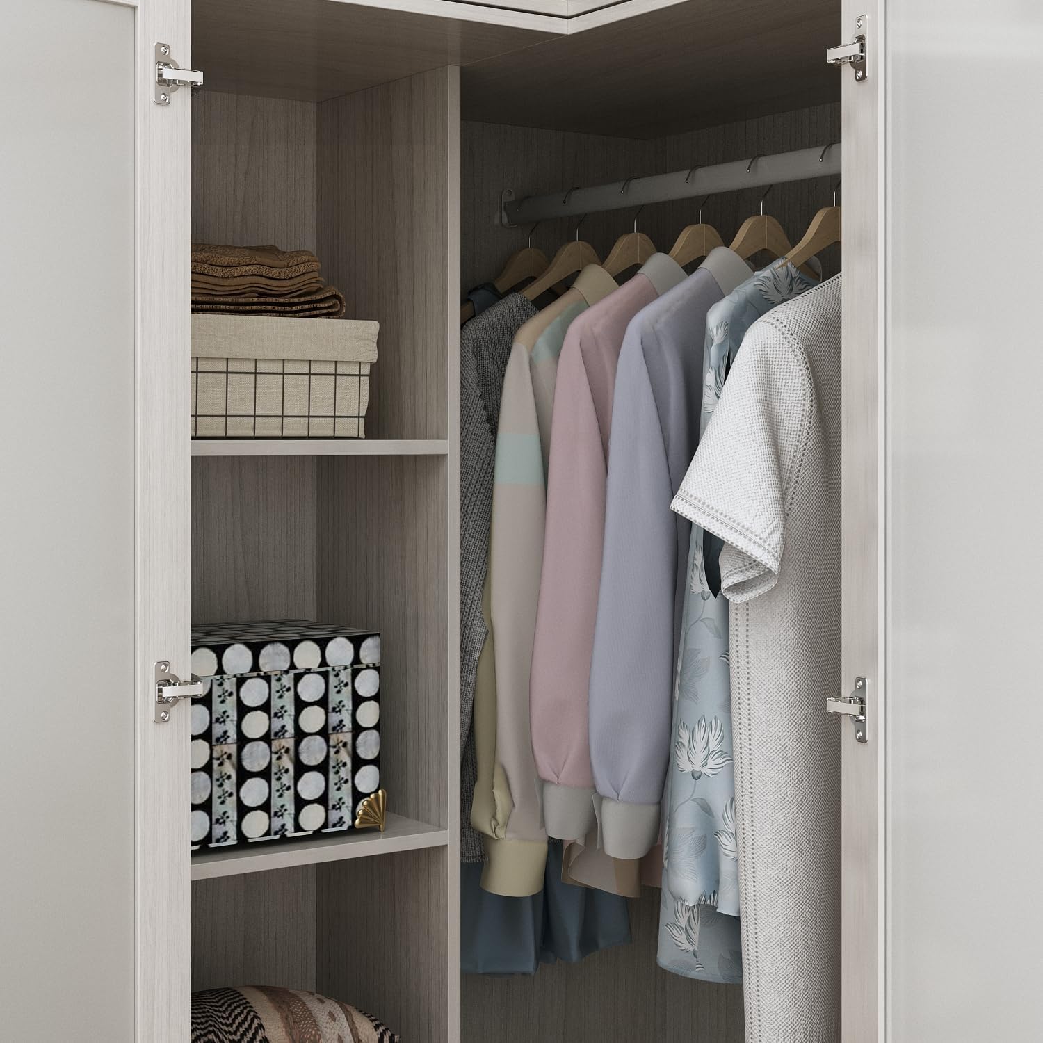 MOUMON 86.6" L-Shaped Corner Wardrobe with Frosted Glass Doors, Armoire Closet with Hanging Rod, Top Storage, Space-Saving, Light Oak 35.4”W x 35.4”D x 86.6”H
