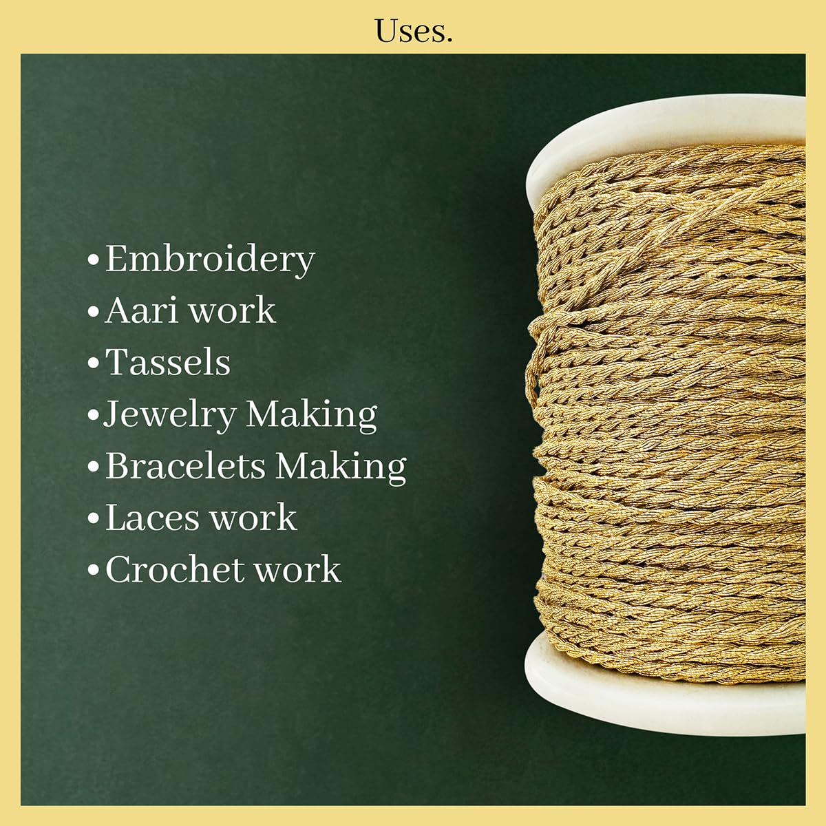 Embroiderymaterial Twisted Metallic Machine Zari Thread/Dori for Embroidery, Aari Work, Tassels, Jewellery, Bracelet, Lace, Crochet & Hand Embroidery (1MM Width, 73 Meters, Gold Color) 4