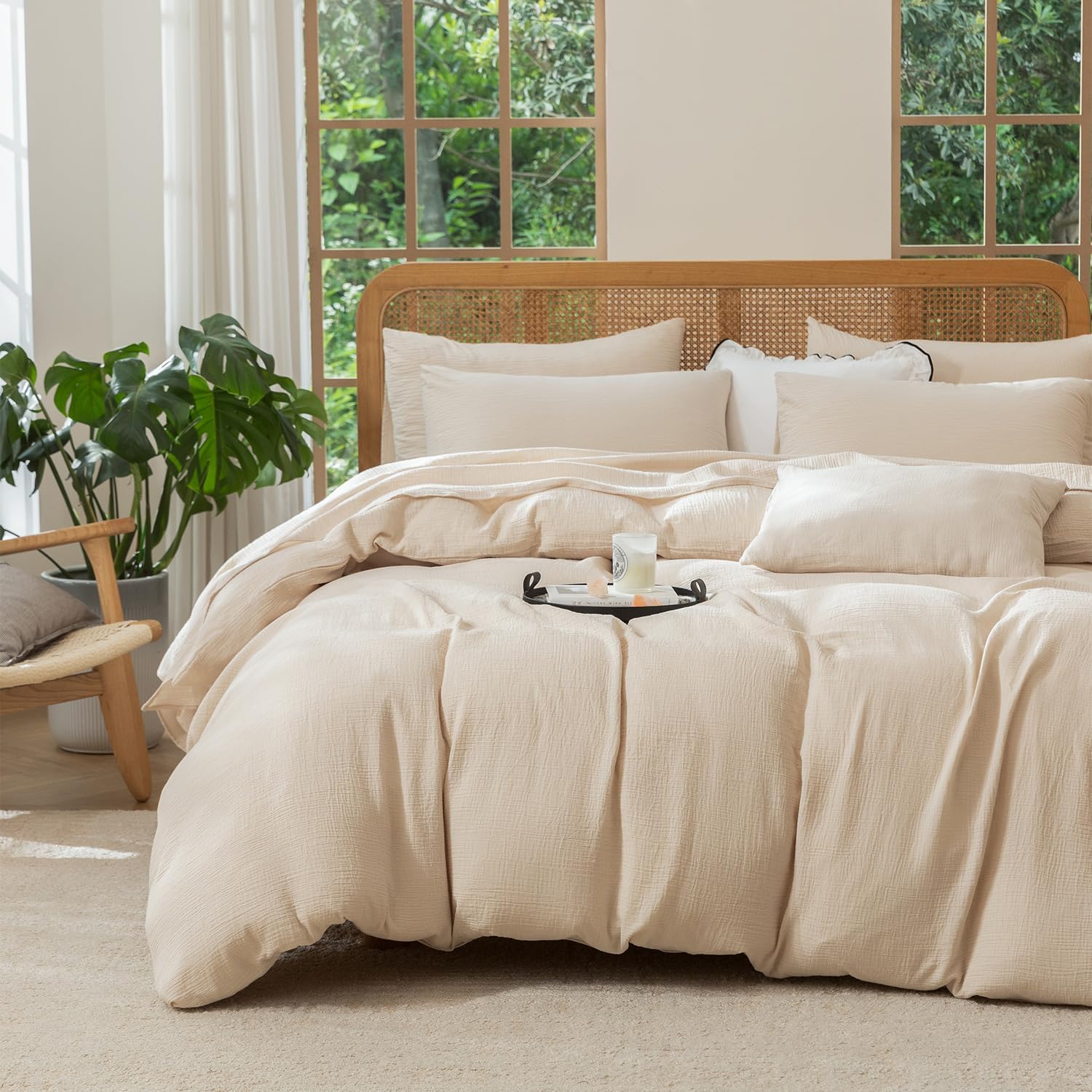 queen duvet cover set beige front view