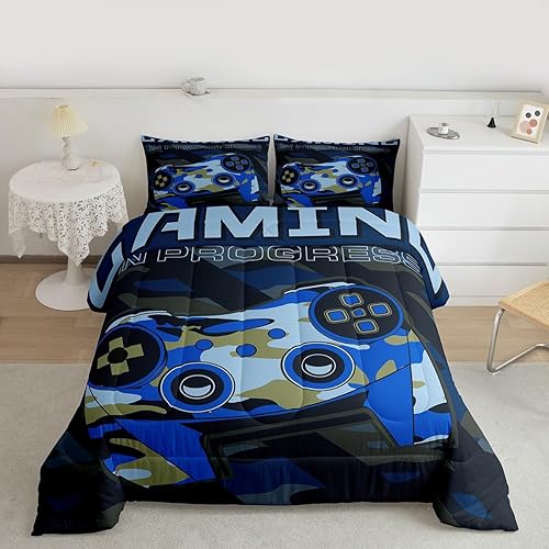 Boys Gaming Comforter Set Twin Size Teens Gamer Bedding Set Retro Blue Camouflag
