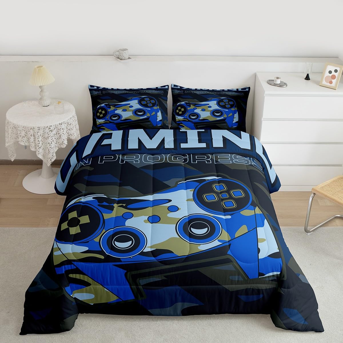 Boys Gaming Comforter Set Twin Size Teens Gamer Bedding Set Retro Blue Camouflage Video Game Controller Comforter For Kids Youth Bedroom Decor Gamer