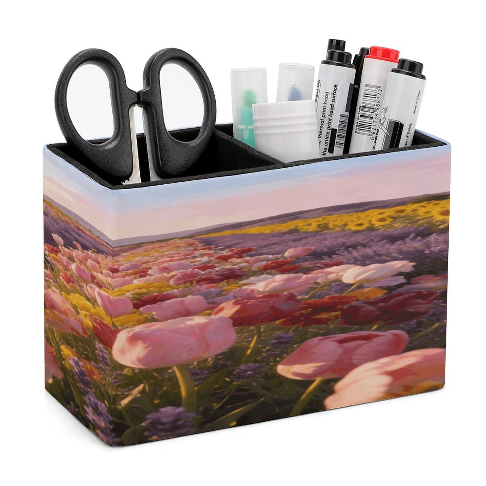 Fodpand Style The Ginger Lily Beneath The Windmill Pu Leather Square Pens Pencils Holder,Multifunctional Remote Control Eyeglass Holder Pencil Case Office Accessories Container Box For Desk Double Compartments
