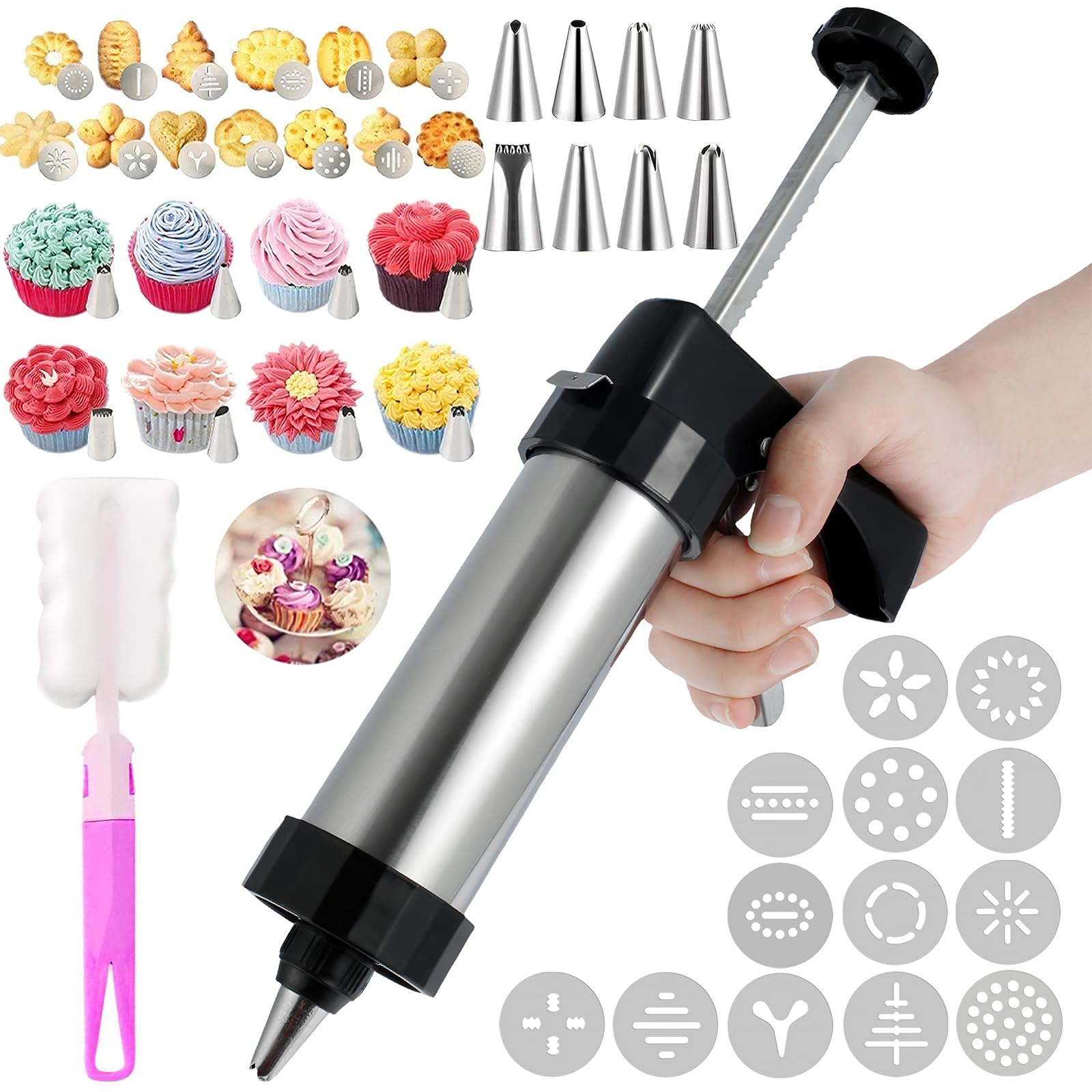 Pressa per biscotti in acciaio inox, con 13 dischi e 8 punte per glassa, spazzola per la pulizia, multifunzione, riutilizzabile, utensile da cucina per la preparazione di biscotti (nero)