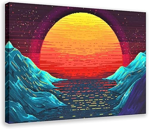Original Retro Wave at Sunset Painting Art on Canvas, Magical Sun Printing Canvas Sets, Pixeles Graphics Canvas Wall Art Print Poster For Home