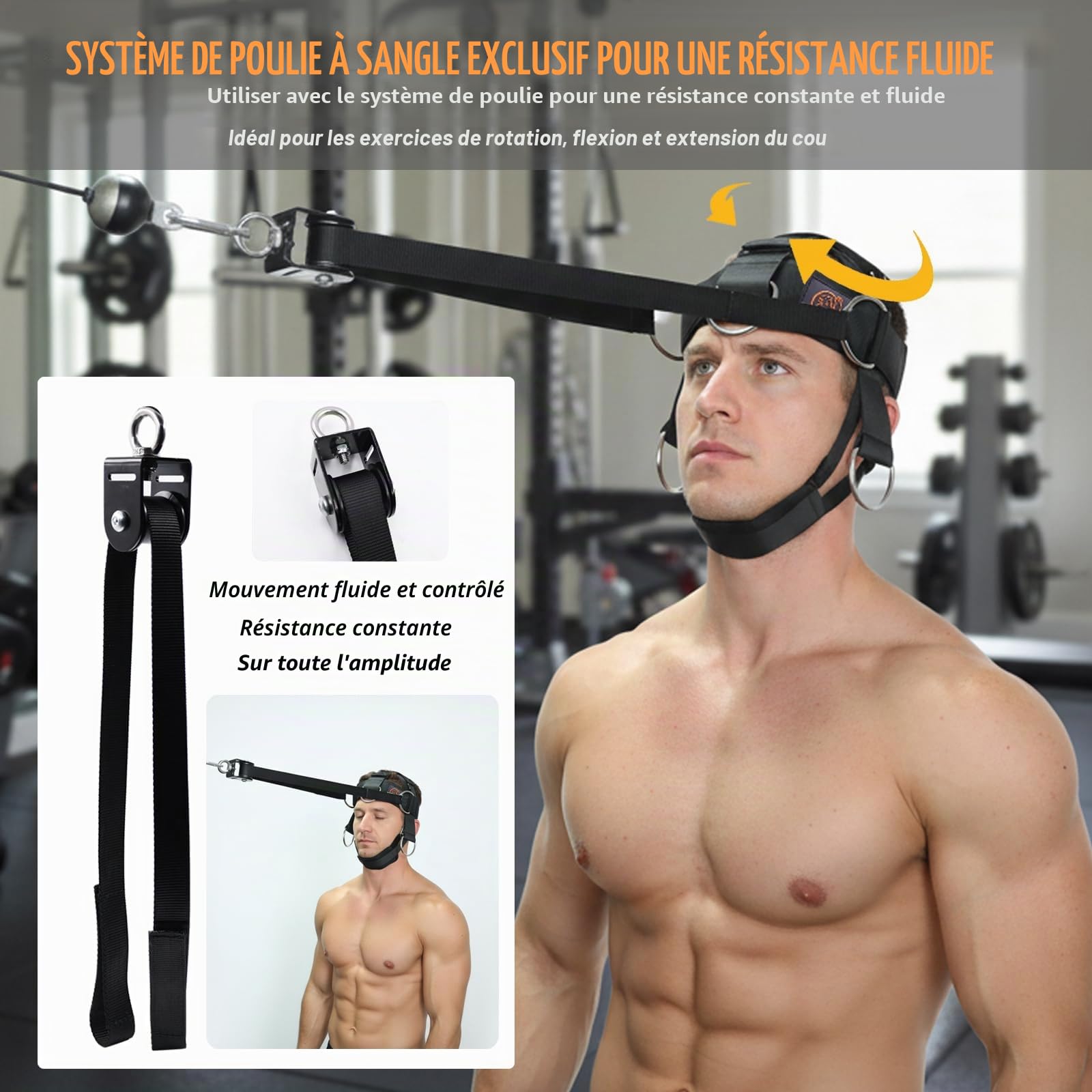 J Bryant Harnais de cou avec système de poulie pour entraînement de résistance – Entraîneur de force du cou à 360° pour salle de sport et entraînement à domicile, harnais de tête réglable avec