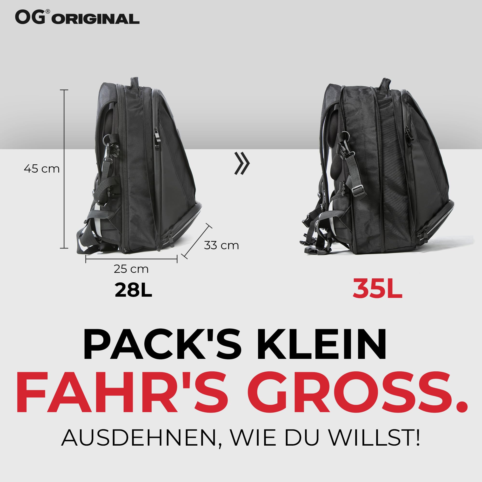 OG Original EZ-RiderPRO Motorrad Rucksack Schwarz Erweiterbar 28-35L, Motorradhelm-Tasche, Helm-Trageriemen, Wasserdicht, Laptop-Fach, Reflektierend, Schwarz Logo