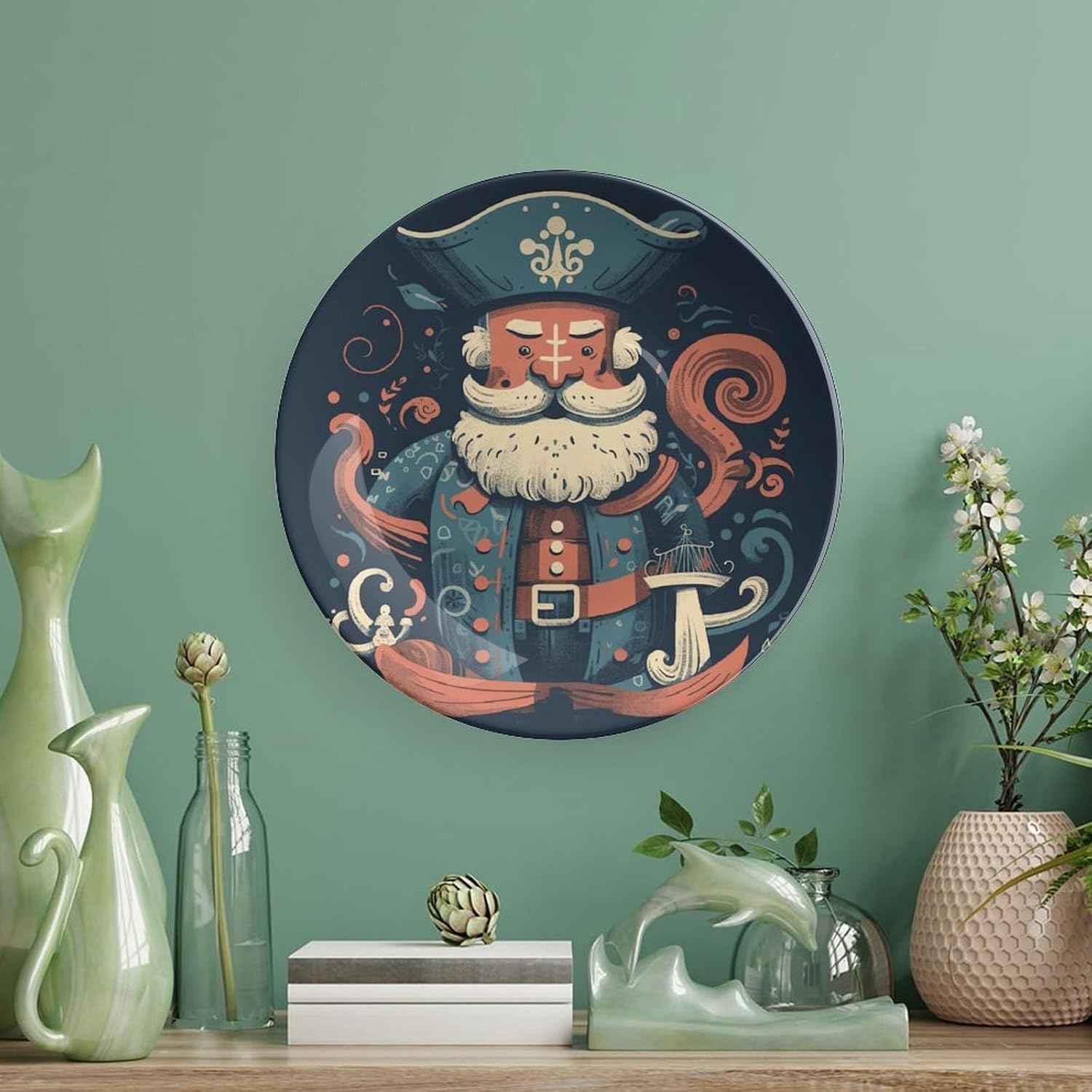 Pirate Characters Round Art Ceramic Plates Modern Art Bone China Dinner Plates with Display Stand & Wall Hook for Wall Hanging Decoration Home, Kitchen Or Table Decor