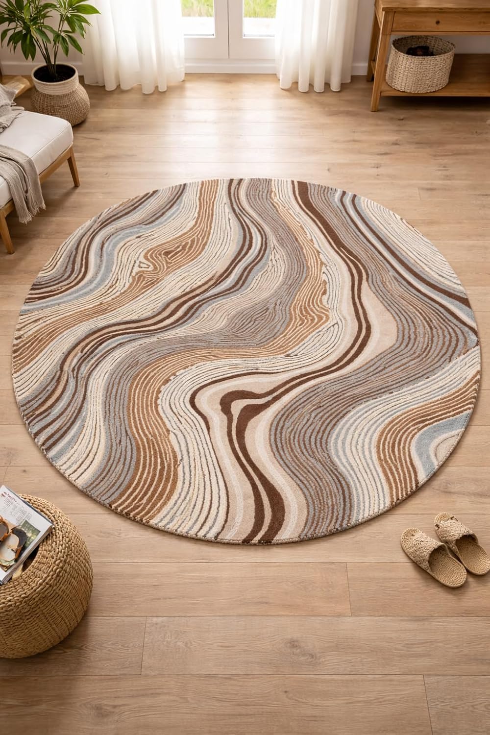 WaveCraft Rug 100% Natural Handmade Hand-Tufted Wool Area Rug for Living Room, Bedroom & Office, Thick & Durable Wool Pile Rug Abstract Neutral Beige Brown 10 x 10 ft Round