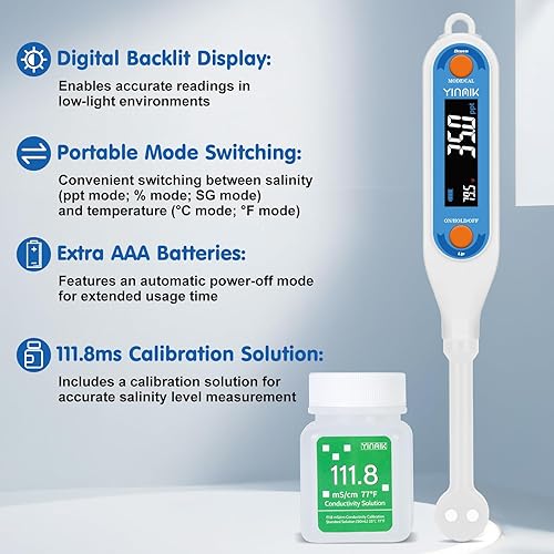 Vista 5 de YINMIK Medidor de sal Medidor de salinidad de alimentos, probador digital de sal para acuario, probador de salinidad de temperatura del hogar