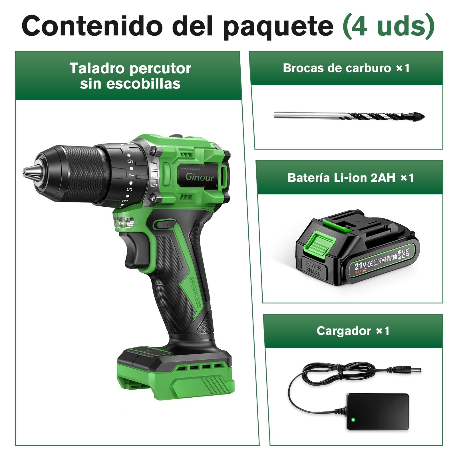 Ginour Taladro Percutor a Bateria sin escobillas 50Nm, 21V Atornillador | con 1x2Ah Baterías compatible con Makita 18V, 23+3 Par, 2 Velocidad Destornillador Electrico con función impacto