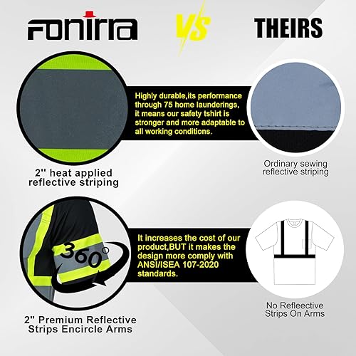 Miniatura 5 de FONIRRA Hi Vis - Camiseta de seguridad para hombre, ANSI Clase 2, camisa de trabajo reflectante de alta visibilidad con manga corta y parte inferior