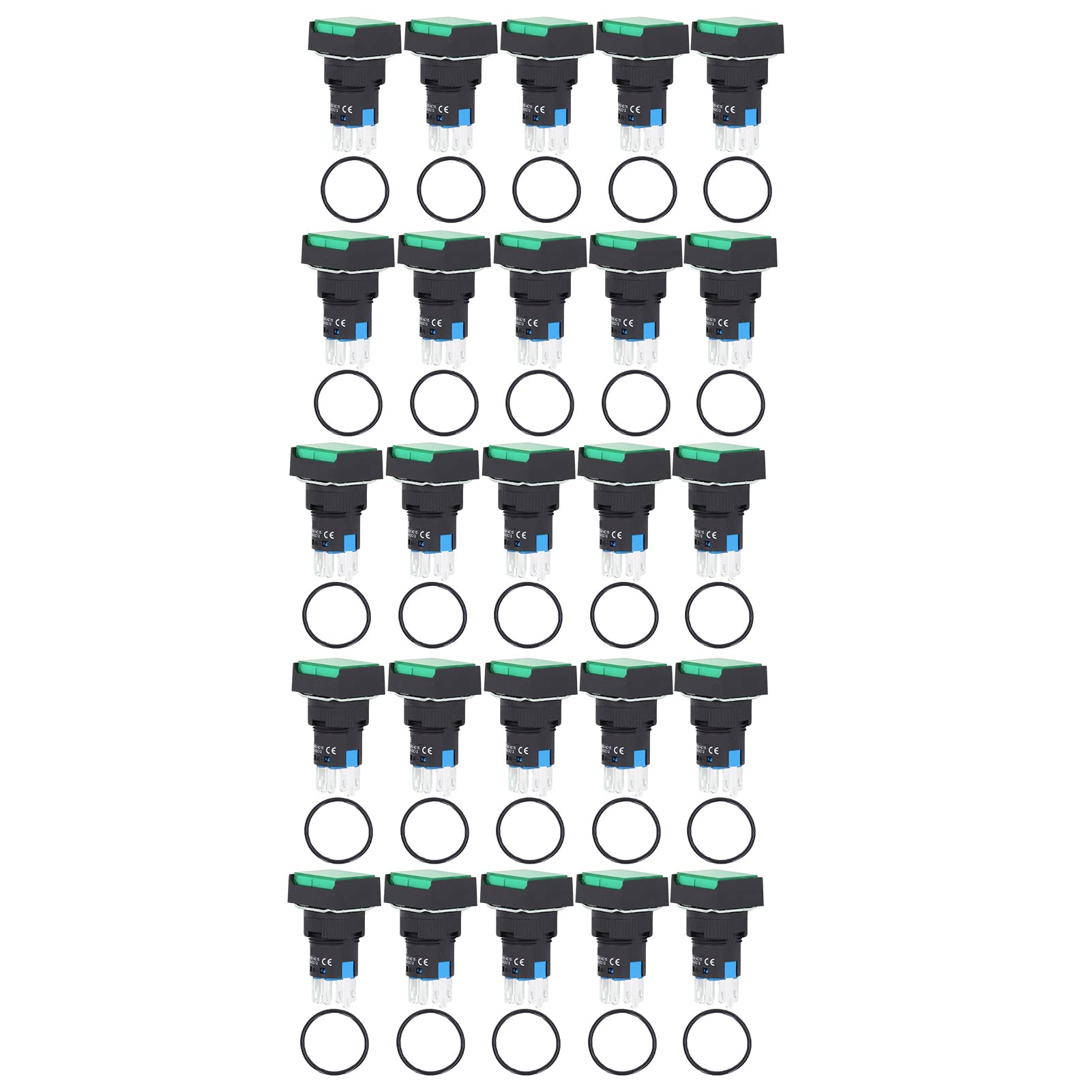 25 pezzi quadrati interruttore a pulsante ABS ottone autobloccante con luce per scatola di distribuzione 16 mm 24 V(VERDE)