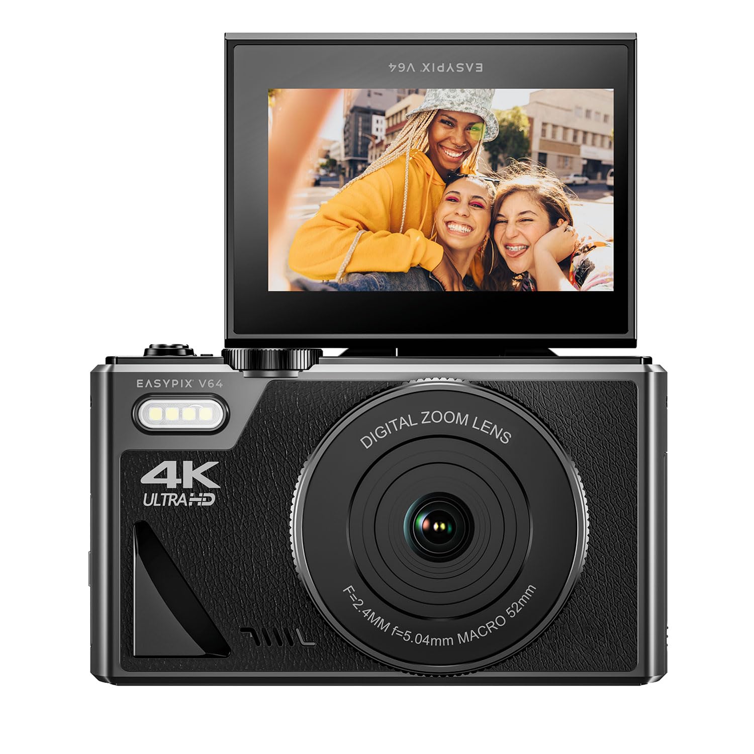 Easypix V64 Flip, fotocamera digitale con flip-screen, display pieghevole da 3,0", risoluzione fino a 64 MP, zoom digitale 18x, WiFi, perfetto per vlogger e selfie