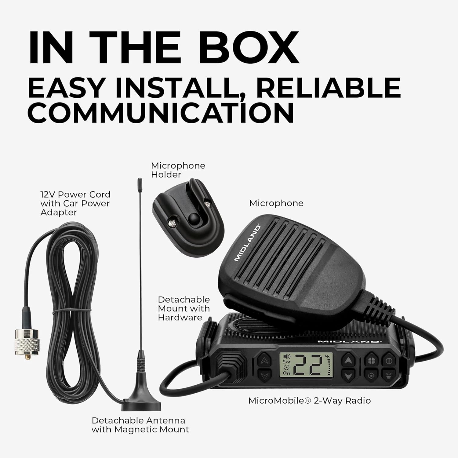 Midland – MXT105 - 5 Watt GMRS MicroMobile Two Way Radio - Off Roading Outdoor RZR Farm Trails Radio - External Magnetic Mount Antenna - NOAA Weather Alerts
