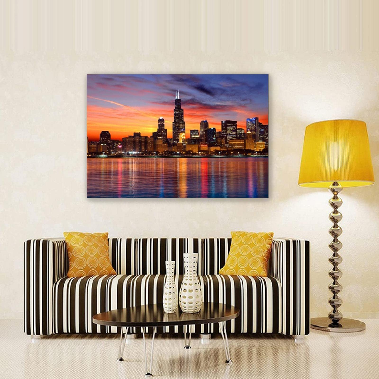Skyline of Chicago plakat rozciągnięte i oprawione nadruki. Obraz krajobrazowy nadruk na płótnie. Gotowy do powieszenia na płótnie, sztuka ścienna, budynki, zdjęcia do salonu, dekoracja 30 x 45 cm, oprawiony