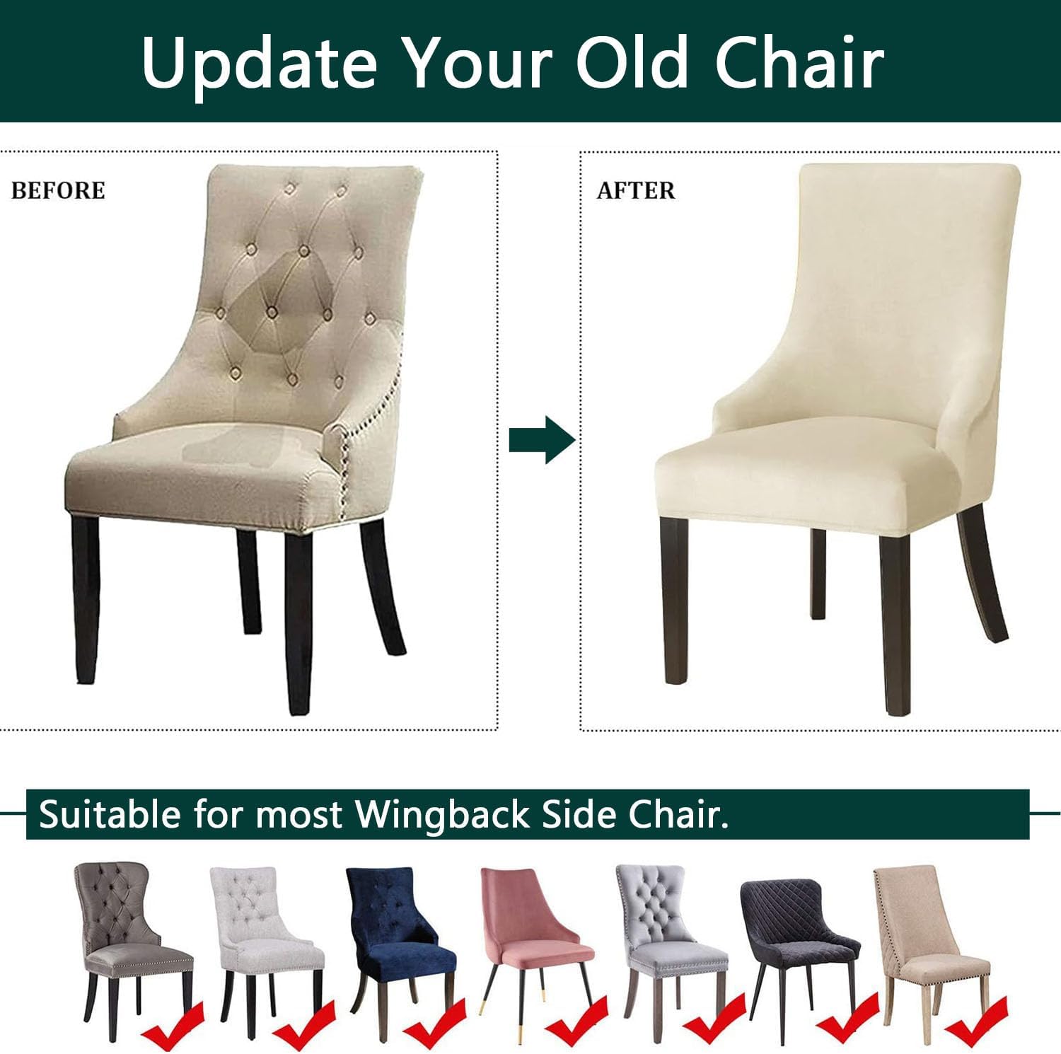 Velvet Wingback Side Chair Slipcovers Set of 2 4 6, Soft Dining Room Chair Covers Removable Wingback Armchair Cover for Living Room Hotel (Dark Gray,Set of 6)