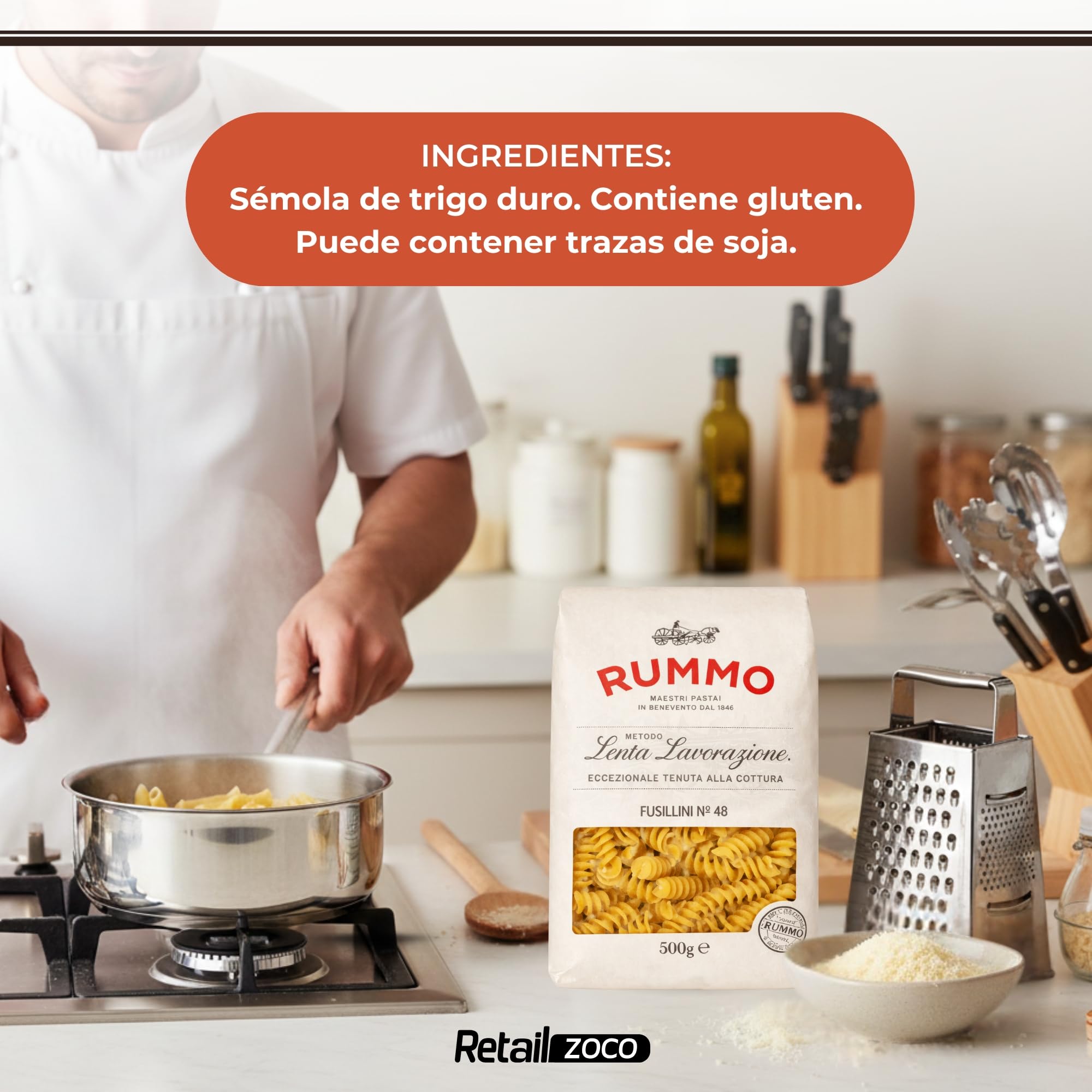Pasta Rummo Fusilli Nº48 500g, Pasta Italiana, Pasta alimenticia de sémola de trigo duro, Contiene gluten, Puede contener trazas de soja, Tiempo de cocción 9 minutos, 6 Paquetes de 500 gr - imagen 5