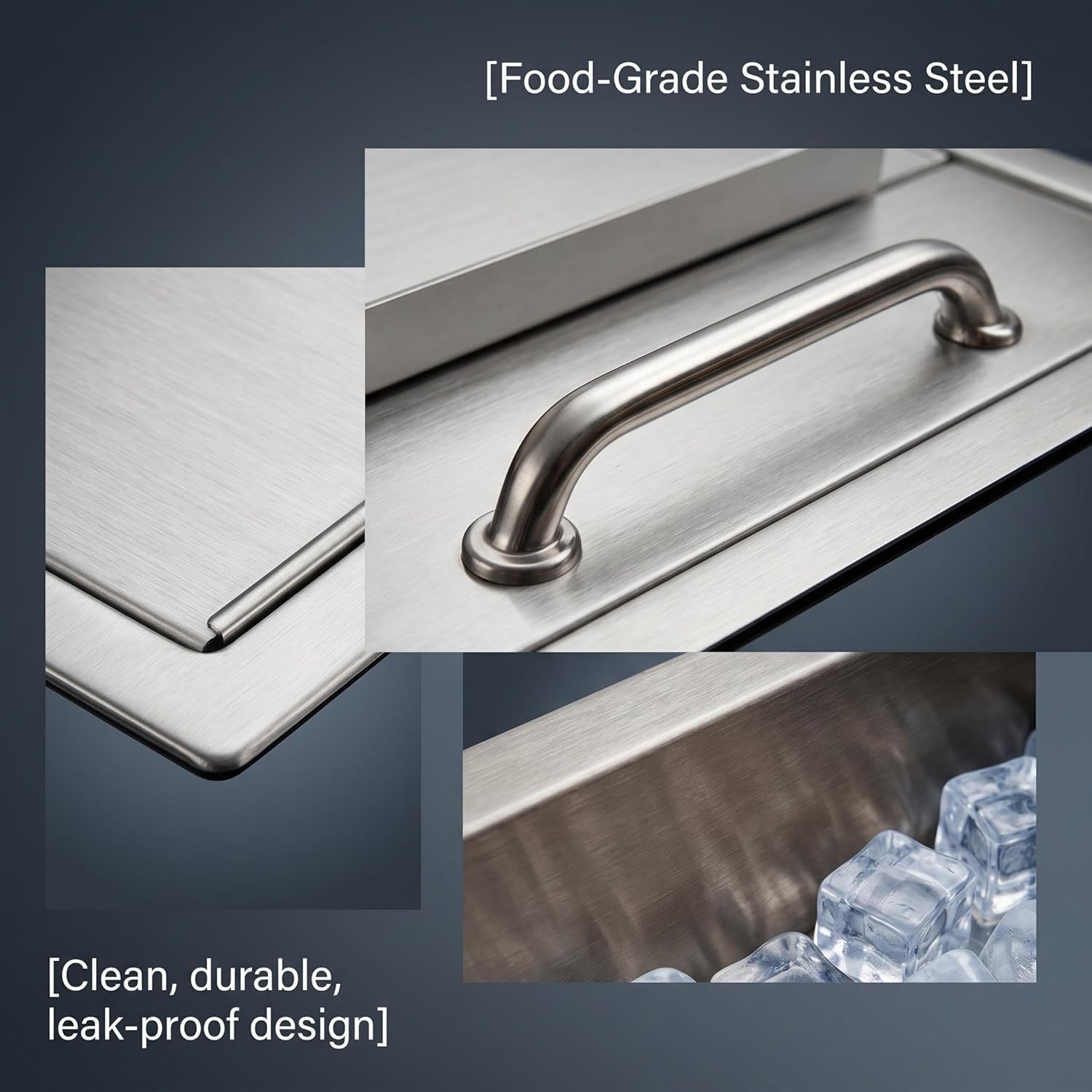 Embedded freezer, stainless steel plug-in cooler, suitable for outdoor kitchen, terrace, bar, commercial freezer with sliding cover, including drain pipe and drain plug, chilled wine and beer