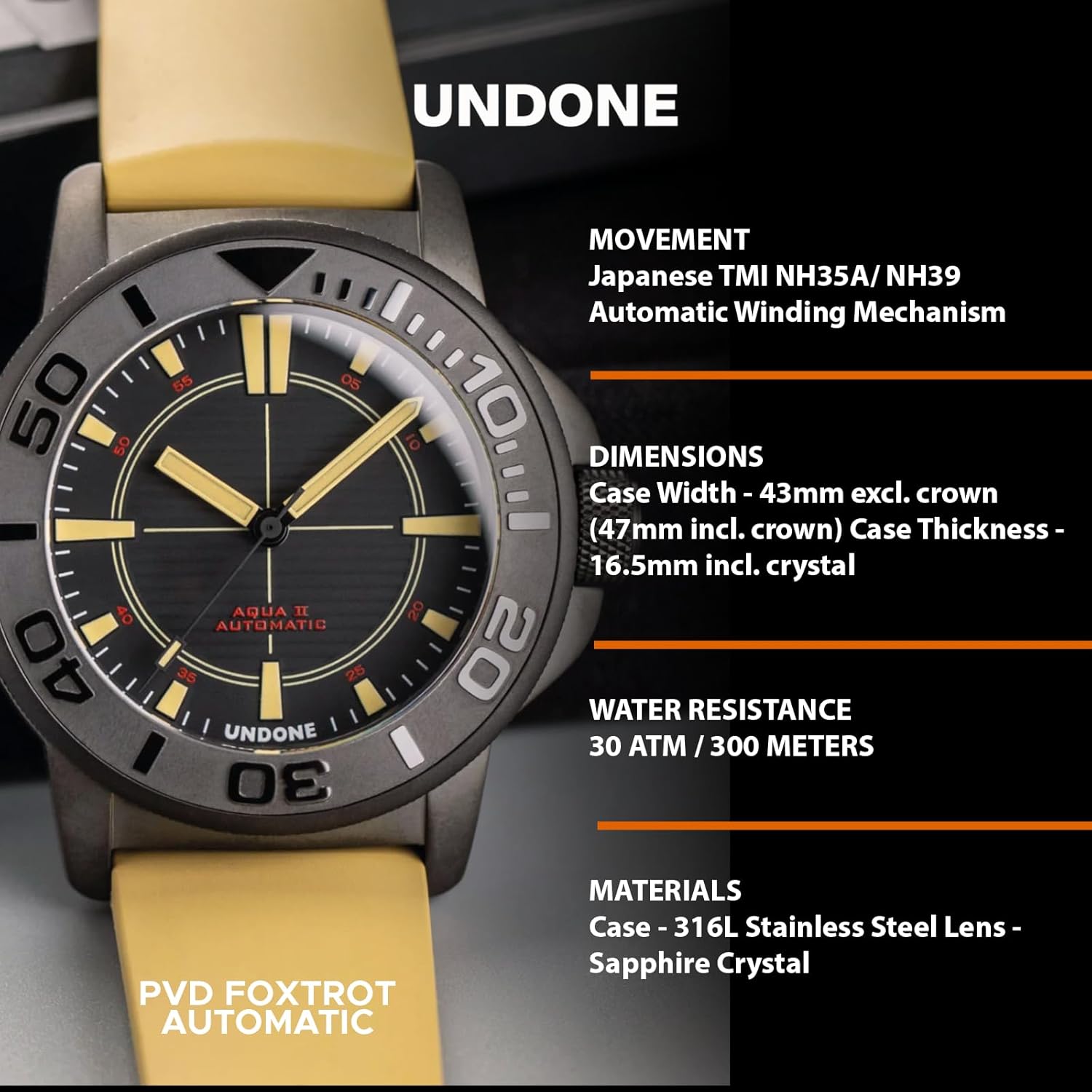 UNDONE Aqua II Foxtrot Automatic Dive Watch for Men 43mm 300M Water Resistance Wristwatch Diver for Men with Rubber Strap (Black Dial | Beige Rubber Strap)