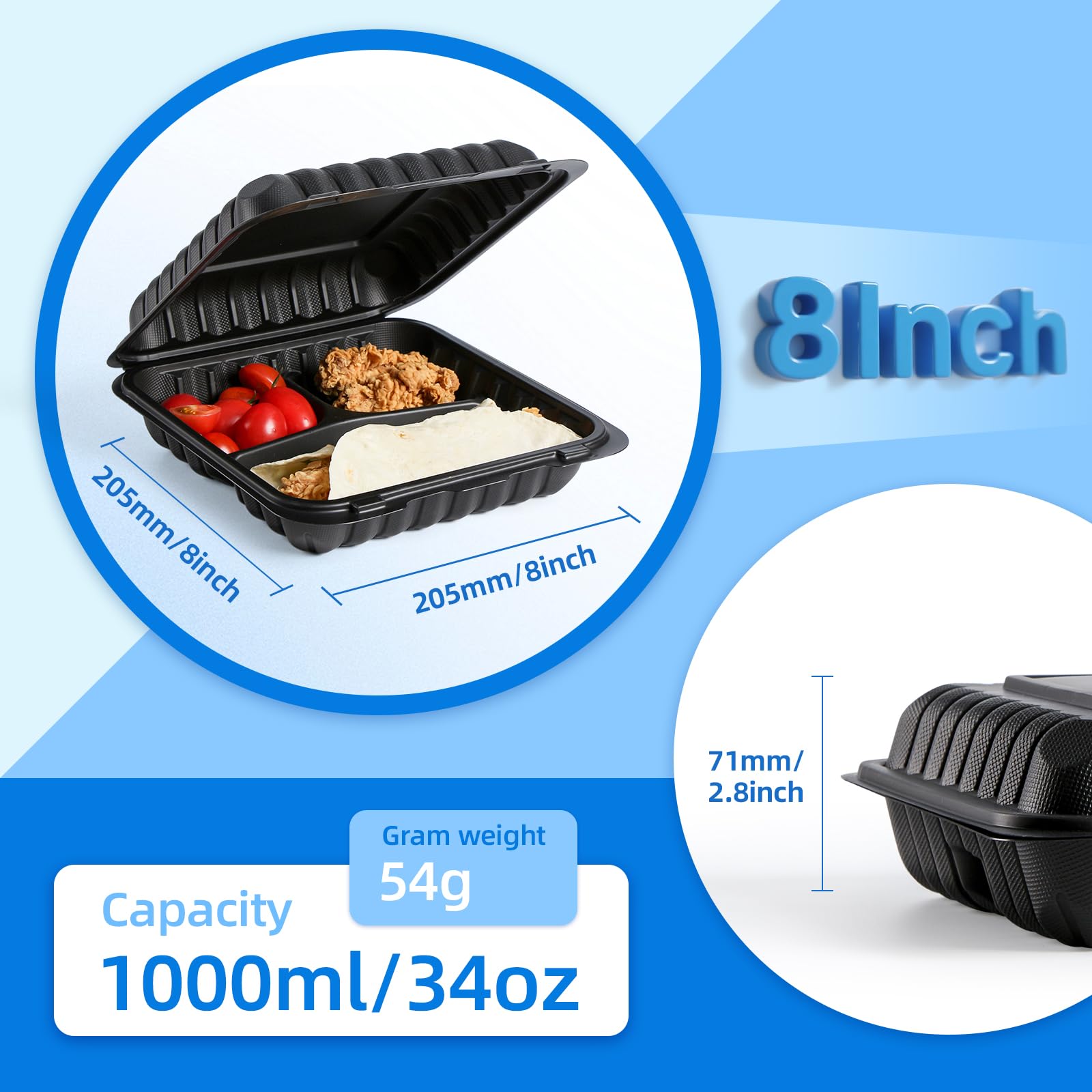 YANGRUI Contenedores de alimentos Clamshell, 3 compartimentos, paquete de 55 recipientes de 8 pulgadas para llevar, sin BPA, aptos para microondas, congelador, plástico con bisagras