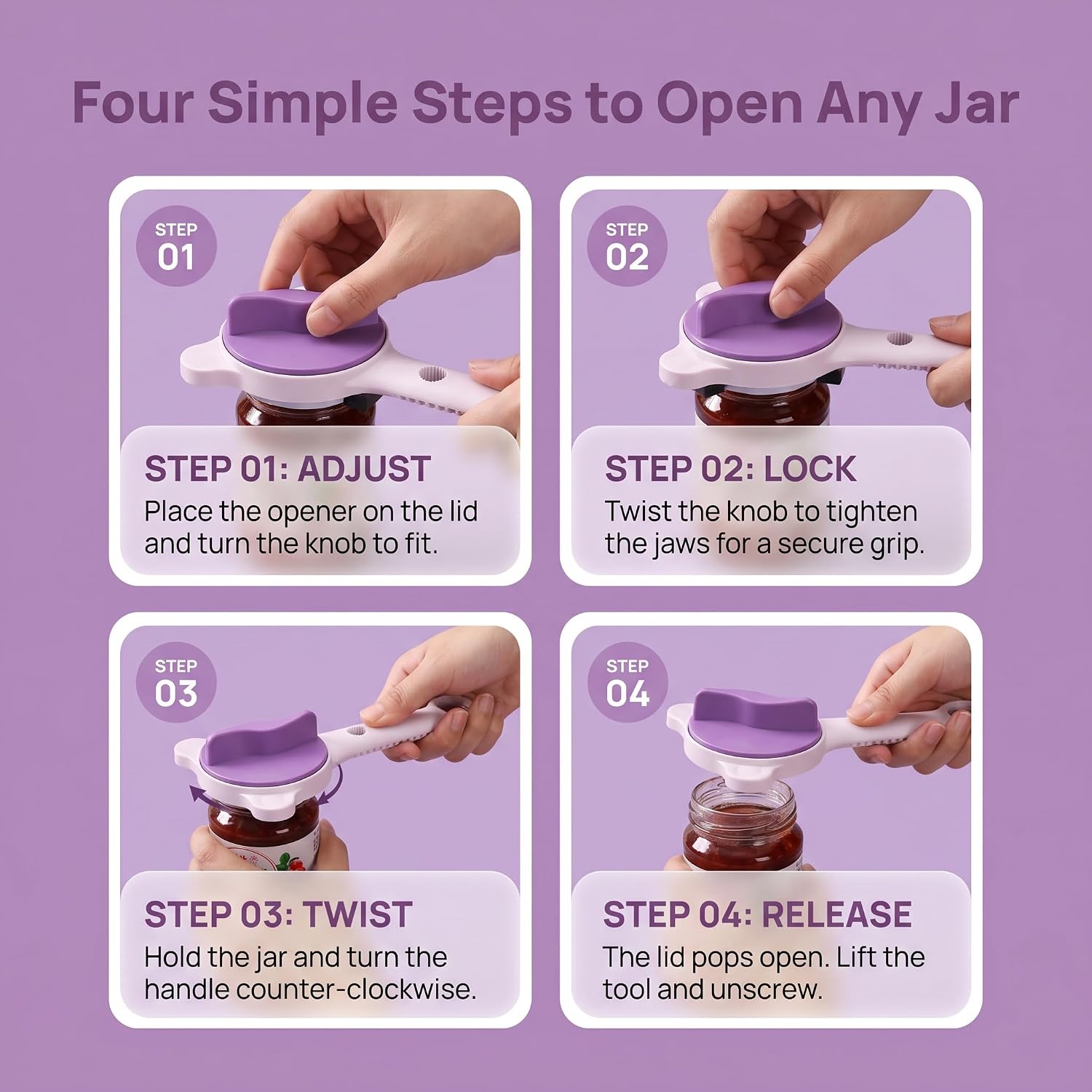 4-in-1 Jar Opener, Adjustable Can Jar Openers for Seniors, Adjustable 4-in-1 Bottle & Can Opener with Non-Slip Pad Seniors and Those with Limited Physical Strength, Suitable for Beer, Salad Dressing