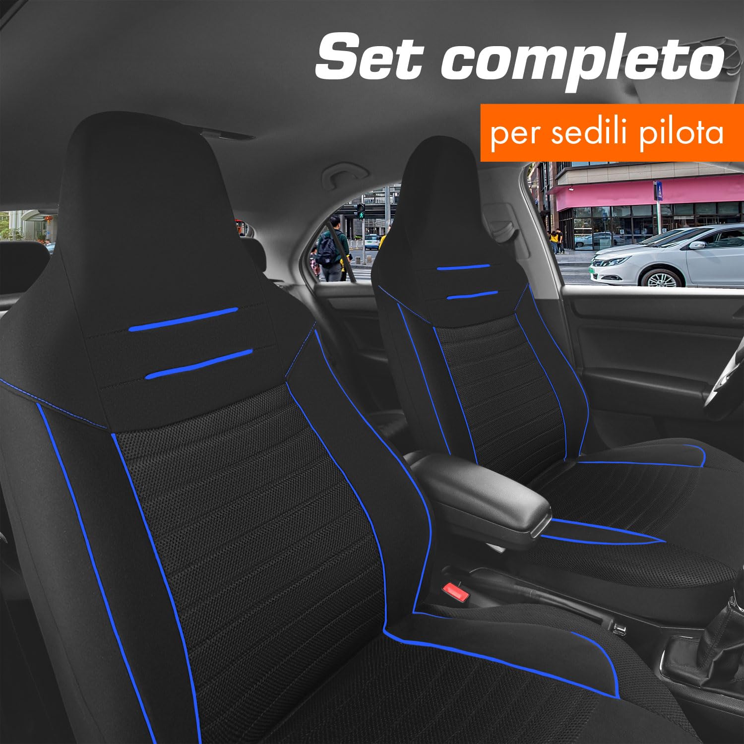 Upgrade4cars Coprisedili Auto Universale con Poggiatesta Integrato Nero Blu | Set Copri-sedile Universali per Anteriori e Posteriori Poggia-testa non Rimovibili/Fissi